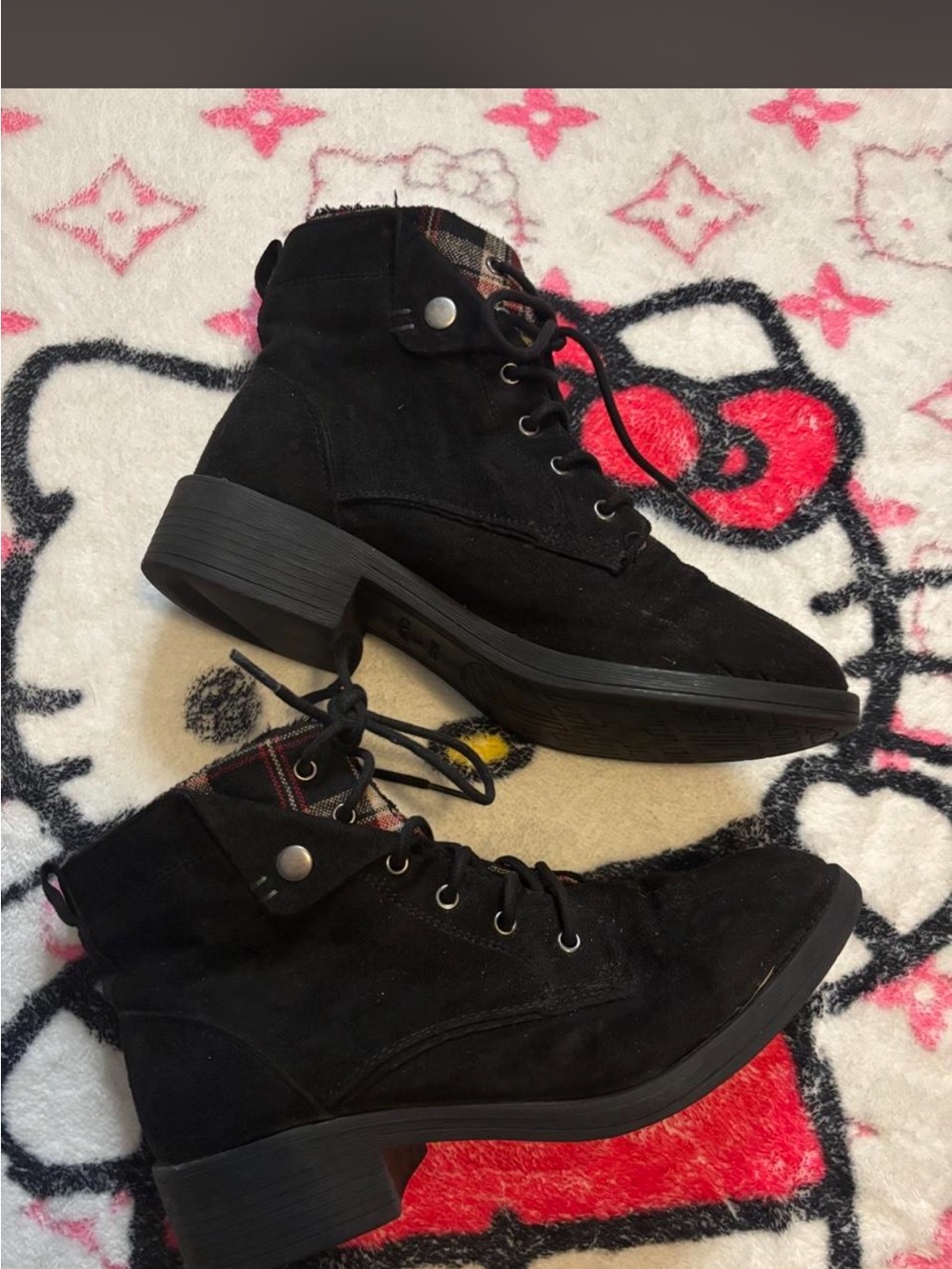 Women's Black Lace-Up Ankle Boots with Plaid Lining